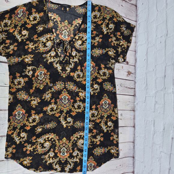 J. Crew Sheer Short Sleeve V-Neck Tie Front Accent Blouse Black & Patterned XS - Picture 5 of 7